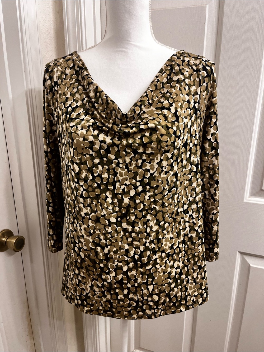 Liverpool Olive, Black & Cream Dotted Cowl-Neck Blouse
